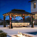 PURPLE LEAF Metal Gazebo Double Roof Wood Grain Aluminum Frame with Curtains and Netting