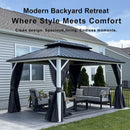 PURPLE LEAF Modern Gazebo Grey Hardtop Galvanized Steel Double Roof White Aluminum Poles with Curtains and Netting with Lights-milky