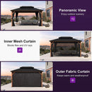 PURPLE LEAF Metal Gazebo Double Roof Wood Grain Aluminum Frame with Curtains and Netting with Lights-milky