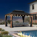 PURPLE LEAF Metal Gazebo Double Roof Wood Grain Aluminum Frame with Curtains and Netting with Lights-clear