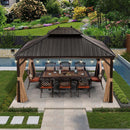 PURPLE LEAF Outdoor Hardtop Gazebo for Garden Bronze Double Roof Aluminum Frame Pavilion with String Lights-milky