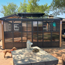 PURPLE LEAF Sunroom Hardtop Gazebo with Wood Grain Columns Black Frame Double Roof Galvanized Steel Solarium All-Weather Screen House