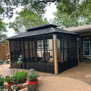 PURPLE LEAF Sunroom Hardtop Gazebo with Wood Grain Columns Black Frame Double Roof Galvanized Steel Solarium All-Weather Screen House