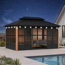 PURPLE LEAF Sunroom Hardtop Gazebo with Wood Grain Columns Black Frame Double Roof Galvanized Steel Solarium All-Weather Screen House with String Lights