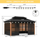 PURPLE LEAF Sunroom Hardtop Gazebo with Wood Grain Columns Black Frame Double Roof Galvanized Steel Solarium All-Weather Screen House with String Lights
