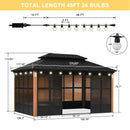 PURPLE LEAF Sunroom Hardtop Gazebo with Wood Grain Columns Black Frame Double Roof Galvanized Steel Solarium All-Weather Screen House with String Lights