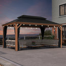 PURPLE LEAF Hardtop Gazebo for Patio Wood Grain Aluminum Frame Awning with String Lights-milky