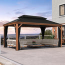 PURPLE LEAF Hardtop Gazebo for Patio Wood Grain Aluminum Frame Awning with Netting