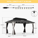 PURPLE LEAF Modern Gazebo Grey Hardtop Galvanized Steel Double Roof White Aluminum Poles with Curtains and Netting with Lights-milky