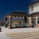 PURPLE LEAF Metal Gazebo Double Roof Wood Grain Aluminum Frame with Curtains and Netting with Lights-clear