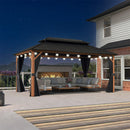 PURPLE LEAF Metal Gazebo Double Roof Wood Grain Aluminum Frame with Curtains and Netting with Lights-milky