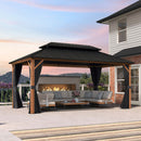 PURPLE LEAF Metal Gazebo Double Roof Wood Grain Aluminum Frame with Curtains and Netting