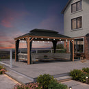 PURPLE LEAF Hardtop Gazebo for Patio Wood Grain Aluminum Frame Awning with String Lights-milky