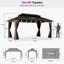 PURPLE LEAF Metal Gazebo Double Roof Wood Grain Aluminum Frame with Curtains and Netting with Lights-clear