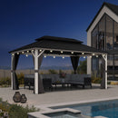 PURPLE LEAF Modern Gazebo Grey Hardtop Galvanized Steel Double Roof White Aluminum Poles with Curtains and Netting with Lights-clear