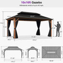 PURPLE LEAF Metal Gazebo Double Roof Wood Grain Aluminum Frame with Curtains and Netting