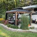 PURPLE LEAF Hardtop Gazebo for Patio Wood Grain Aluminum Frame Awning with Netting