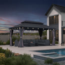 PURPLE LEAF Grey Hardtop Gazebo with Heavy Duty Galvanized Steel Double Roof with String Lights-clear