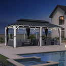 PURPLE LEAF Modern Gazebo Grey Hardtop Galvanized Steel Double Roof White Aluminum Poles with Curtains and Netting with Lights-clear