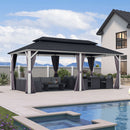 PURPLE LEAF Modern Gazebo Grey Hardtop Galvanized Steel Double Roof White Aluminum Poles with Curtains and Netting