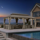PURPLE LEAF Deck Gazebo Champagne Hardtop Metal Frame Double Roof with Curtains and Netting with Lights-milky