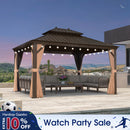PURPLE LEAF Outdoor Hardtop Gazebo for Garden Bronze Double Roof Aluminum Frame Pavilion with String Lights-milky