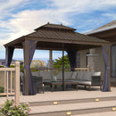 PURPLE LEAF Outdoor Hardtop Gazebo for Patio Bronze Aluminum Frame Pavilion with Navy-Blue Curtain and Reinforced Support Rods