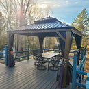 PURPLE LEAF Outdoor Hardtop Gazebo for Patio Bronze Aluminum Frame Pavilion with Navy-Blue Curtain and Reinforced Support Rods