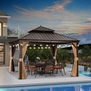 PURPLE LEAF Outdoor Hardtop Gazebo for Garden Bronze Double Roof Aluminum Frame Pavilion with String Lights-milky