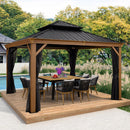 PURPLE LEAF Hardtop Gazebo for Patio Wood Grain Aluminum Frame Awning with Netting