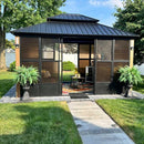 PURPLE LEAF Sunroom Hardtop Gazebo with Wood Grain Columns Black Frame Double Roof Galvanized Steel Solarium All-Weather Screen House