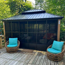 PURPLE LEAF Sunroom Hardtop Gazebo with Wood Grain Columns Black Frame Double Roof Galvanized Steel Solarium All-Weather Screen House