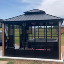 PURPLE LEAF Sunroom Hardtop Gazebo with Wood Grain Columns Black Frame Double Roof Galvanized Steel Solarium All-Weather Screen House