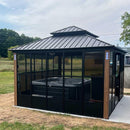 PURPLE LEAF Sunroom Hardtop Gazebo with Wood Grain Columns Black Frame Double Roof Galvanized Steel Solarium All-Weather Screen House