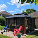 PURPLE LEAF Sunroom Hardtop Gazebo with Wood Grain Columns Black Frame Double Roof Galvanized Steel Solarium All-Weather Screen House