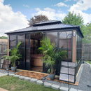 PURPLE LEAF Sunroom Hardtop Gazebo with Wood Grain Columns Black Frame Double Roof Galvanized Steel Solarium All-Weather Screen House