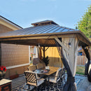 PURPLE LEAF Deck Gazebo Champagne Hardtop Metal Frame Double Roof with Curtains and Netting with Lights-milky