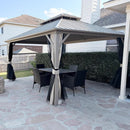 PURPLE LEAF Deck Gazebo Champagne Hardtop Metal Frame Double Roof with Curtains and Netting with Lights-milky