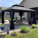PURPLE LEAF Outdoor Hardtop Gazebo for Patio Bronze Aluminum Frame Pavilion with Navy-Blue Curtain and String Lights-milky