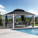 PURPLE LEAF Modern Gazebo Grey Hardtop Galvanized Steel Double Roof White Aluminum Poles with Curtains and Netting with Lights-milky