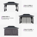PURPLE LEAF Modern Gazebo Grey Hardtop Galvanized Steel Double Roof White Aluminum Poles with Curtains and Netting with Lights-milky