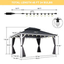 PURPLE LEAF Modern Gazebo Grey Hardtop Galvanized Steel Double Roof White Aluminum Poles with Curtains and Netting with Lights-clear