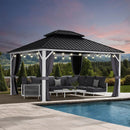 PURPLE LEAF Modern Gazebo Grey Hardtop Galvanized Steel Double Roof White Aluminum Poles with Curtains and Netting with Lights-clear