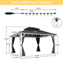 PURPLE LEAF Modern Gazebo Grey Hardtop Galvanized Steel Double Roof White Aluminum Poles with Curtains and Netting with Lights-milky