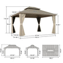 PURPLE LEAF Deck Gazebo Champagne Hardtop Metal Frame Double Roof with Curtains and Netting