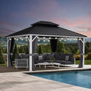 PURPLE LEAF Modern Gazebo Grey Hardtop Galvanized Steel Double Roof White Aluminum Poles with Curtains and Netting with Lights-milky