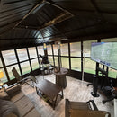 PURPLE LEAF Sunroom Hardtop Gazebo with Wood Grain Columns Black Frame Double Roof Galvanized Steel Solarium All-Weather Screen House with String Lights