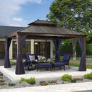PURPLE LEAF Outdoor Hardtop Gazebo for Patio Bronze Aluminum Frame Pavilion with Navy-Blue Curtain and Reinforced Support Rods