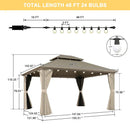 PURPLE LEAF Deck Gazebo Champagne Hardtop Metal Frame Double Roof with Curtains and Netting with Lights-milky