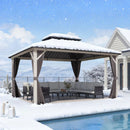 PURPLE LEAF Modern Gazebo Grey Hardtop Galvanized Steel Double Roof White Aluminum Poles with Curtains and Netting